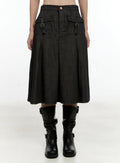 Buckle Pleated Denim Midi Skirt CL531