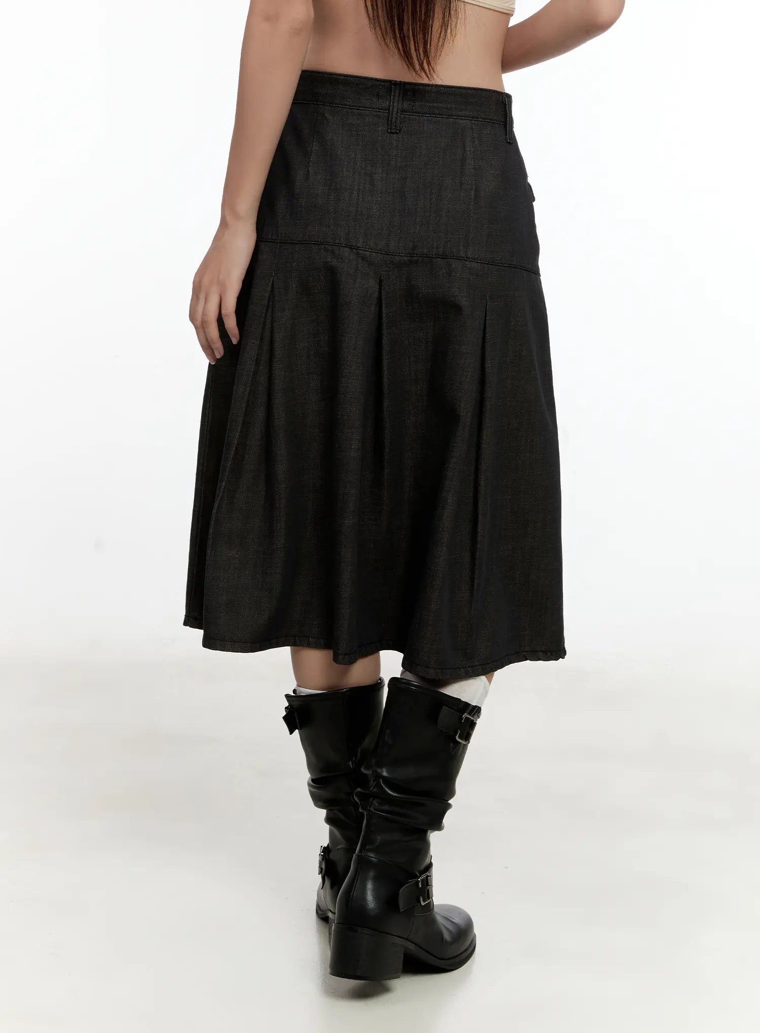 Buckle Pleated Denim Midi Skirt CL531