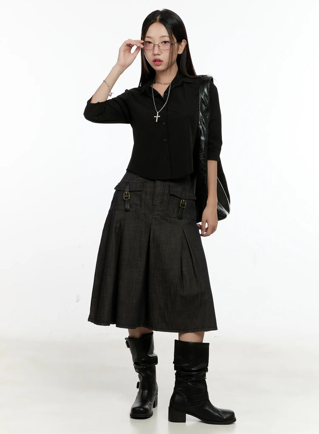 Buckle Pleated Denim Midi Skirt CL531